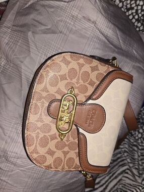 Coach Brown and Cream Signature Crossbody Saddle Bag